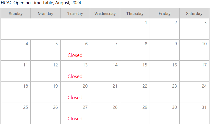 Announcement of the HCAC Opening and Closed Days from July to August 2024